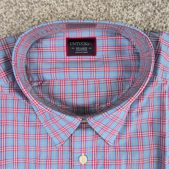 UNTUCKit Mens XXL Short Sleeve Plaid Button Down Shirt Red Blue Sauterns - Picture 3 of 5